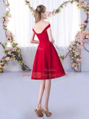 Red Satin Zipper Straps Sleeveless Knee Length Dama Dress Ruching