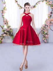 Red Satin Zipper Straps Sleeveless Knee Length Dama Dress Ruching