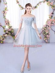 Charming Grey Lace Up Quinceanera Court of Honor Dress Lace 3 4 Length Sleeve Mini Length