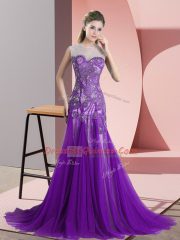 Fantastic Scoop Sleeveless Sweep Train Backless Prom Dress Purple Tulle