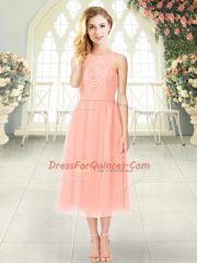 Custom Made Peach Zipper Scoop Lace Prom Dress Chiffon Sleeveless