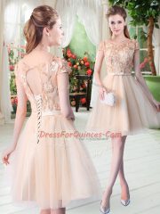 Fancy Scoop Short Sleeves Lace Up Evening Dress Champagne Tulle