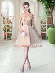 Fancy Scoop Short Sleeves Lace Up Evening Dress Champagne Tulle