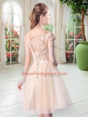 Fancy Scoop Short Sleeves Lace Up Evening Dress Champagne Tulle