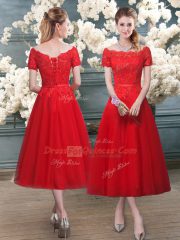 Red Lace Up Off The Shoulder Lace Evening Dress Tulle Short Sleeves