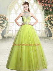 Yellow Green Zipper Halter Top Beading Prom Dress Tulle Sleeveless