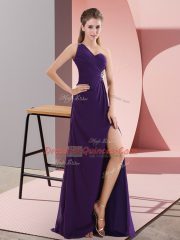 Backless Evening Dress Purple for Prom and Party and Military Ball with Beading and Ruching Sweep Train
