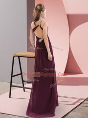 Backless Evening Dress Purple for Prom and Party and Military Ball with Beading and Ruching Sweep Train