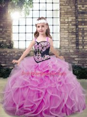 Elegant Floor Length Lilac Kids Formal Wear Tulle Sleeveless Embroidery and Ruffles