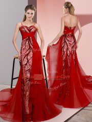 Red Sleeveless Satin Sweep Train Lace Up Homecoming Dress for Prom and Party