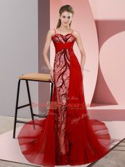 Red Sleeveless Satin Sweep Train Lace Up Homecoming Dress for Prom and Party