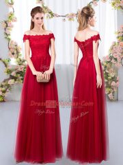 High End Floor Length Wine Red Quinceanera Court Dresses Tulle Sleeveless Lace