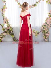 High End Floor Length Wine Red Quinceanera Court Dresses Tulle Sleeveless Lace