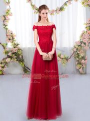 High End Floor Length Wine Red Quinceanera Court Dresses Tulle Sleeveless Lace