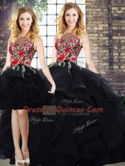 Three Pieces Sweet 16 Dress Black Bateau Tulle Sleeveless Floor Length Lace Up
