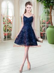 Spaghetti Straps Sleeveless Zipper Lace Prom Gown in Navy Blue