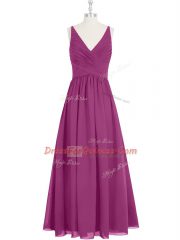 Beauteous Fuchsia Empire V-neck Sleeveless Chiffon Floor Length Zipper Ruching Dress for Prom