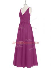 Beauteous Fuchsia Empire V-neck Sleeveless Chiffon Floor Length Zipper Ruching Dress for Prom