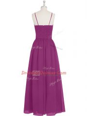 Beauteous Fuchsia Empire V-neck Sleeveless Chiffon Floor Length Zipper Ruching Dress for Prom