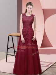 Inexpensive Burgundy Zipper Prom Dresses Lace and Appliques and Belt Sleeveless Floor Length