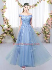 Free and Easy Blue Sleeveless Floor Length Lace Lace Up Quinceanera Court Dresses