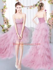 Pink Sleeveless Beading and Ruffles High Low Quinceanera Court Dresses