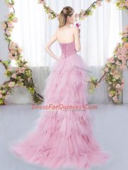 Pink Sleeveless Beading and Ruffles High Low Quinceanera Court Dresses