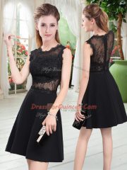 Inexpensive Black A-line Lace Dress for Prom Zipper Satin Sleeveless Mini Length