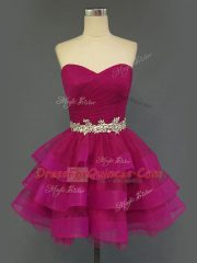Perfect Sleeveless Mini Length Beading and Ruffled Layers and Ruching Lace Up Prom Dress with Fuchsia