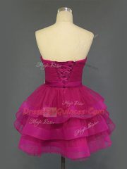Perfect Sleeveless Mini Length Beading and Ruffled Layers and Ruching Lace Up Prom Dress with Fuchsia