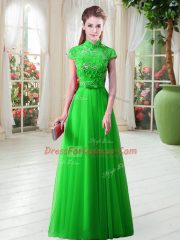 Fine High-neck Neckline Appliques Prom Party Dress Cap Sleeves Lace Up