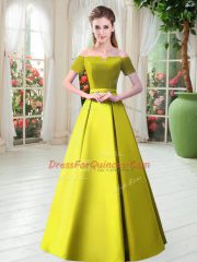 Satin Short Sleeves Floor Length Homecoming Dress and Belt