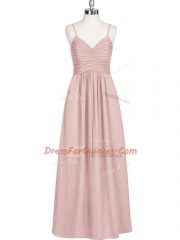 Glamorous Floor Length Baby Pink Homecoming Dress Chiffon Sleeveless Ruching