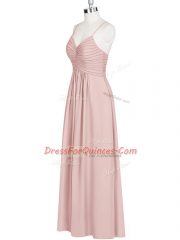 Glamorous Floor Length Baby Pink Homecoming Dress Chiffon Sleeveless Ruching