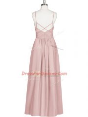 Glamorous Floor Length Baby Pink Homecoming Dress Chiffon Sleeveless Ruching