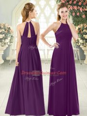 Pretty Purple Empire Halter Top Sleeveless Chiffon Floor Length Zipper Ruching Homecoming Dress