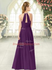 Pretty Purple Empire Halter Top Sleeveless Chiffon Floor Length Zipper Ruching Homecoming Dress
