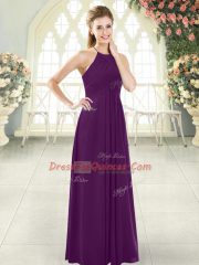 Pretty Purple Empire Halter Top Sleeveless Chiffon Floor Length Zipper Ruching Homecoming Dress