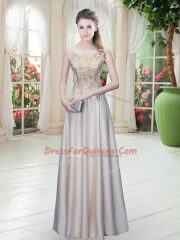 Glamorous Champagne Zipper Evening Dress Appliques Sleeveless Floor Length