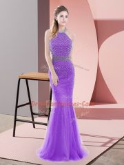 Purple Tulle Backless Prom Party Dress Sleeveless Sweep Train Beading