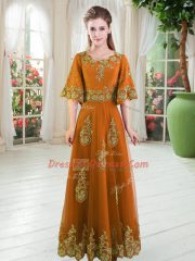Suitable Orange Tulle Lace Up Prom Gown Half Sleeves Floor Length Lace