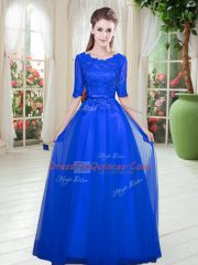 Royal Blue Tulle Lace Up Prom Gown Half Sleeves Floor Length Lace