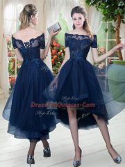 Enchanting Navy Blue A-line Off The Shoulder Short Sleeves Tulle High Low Lace Up Lace Dress for Prom