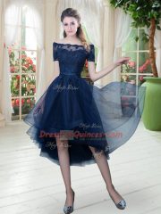 Enchanting Navy Blue A-line Off The Shoulder Short Sleeves Tulle High Low Lace Up Lace Dress for Prom