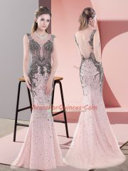 Suitable Scoop Sleeveless Prom Dress Sweep Train Beading and Lace Pink Tulle