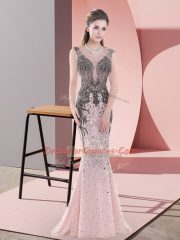 Suitable Scoop Sleeveless Prom Dress Sweep Train Beading and Lace Pink Tulle
