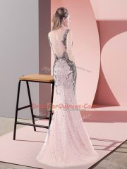 Suitable Scoop Sleeveless Prom Dress Sweep Train Beading and Lace Pink Tulle