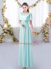 Free and Easy Aqua Blue Empire Scoop Short Sleeves Chiffon Floor Length Zipper Appliques Dama Dress for Quinceanera