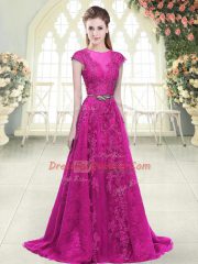 Scoop Cap Sleeves Prom Gown Sweep Train Lace and Appliques Fuchsia Tulle