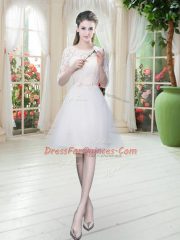 Extravagant White Tulle Lace Up Prom Dress Half Sleeves Knee Length Lace